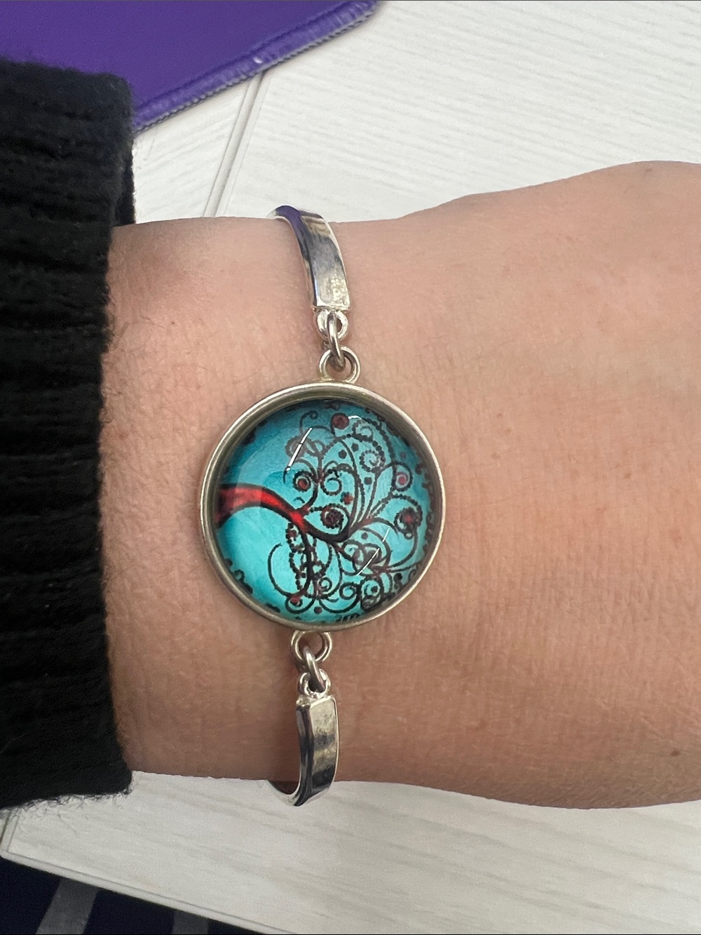 Turquoise Glass Cabochon Bracelet with Red Accent